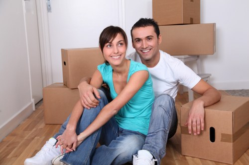 Packed boxes and furniture inside a moving van
